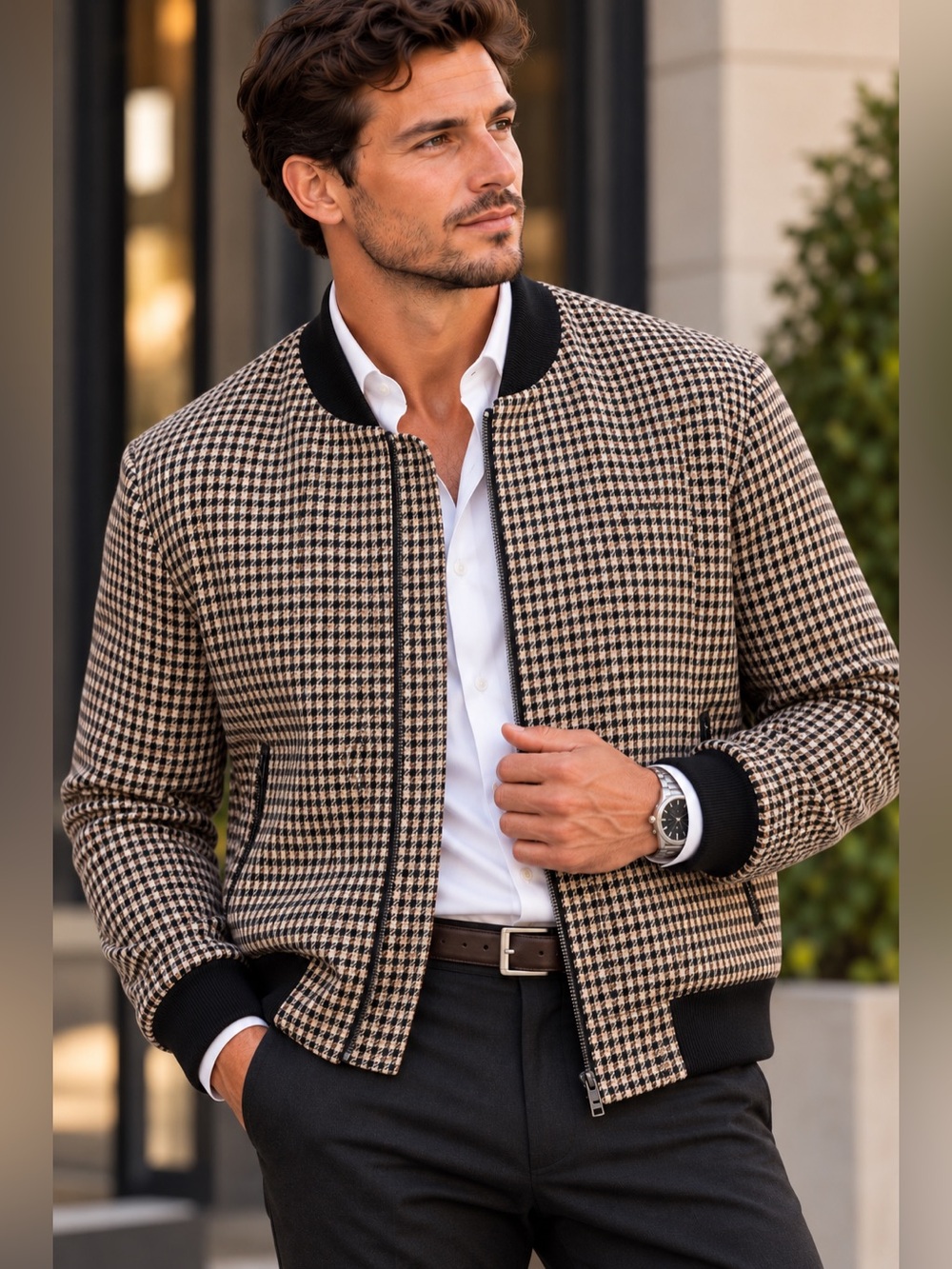 BOSS Hugo Boss Men’s Houndstooth Check Bomber Jacket Black Tan Boss 42R